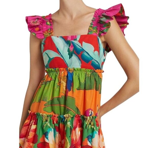 Farm Rio Foliage Cotton Tiered Minidress Ruffled Straps Vibrant Floral Print XS - Picture 1 of 16
